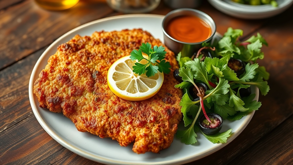 Crispy and Flavorful Beef Schnitzel Recipe Crispy Beef Schnitzel on a plate with lemon and parsley, served with salad.